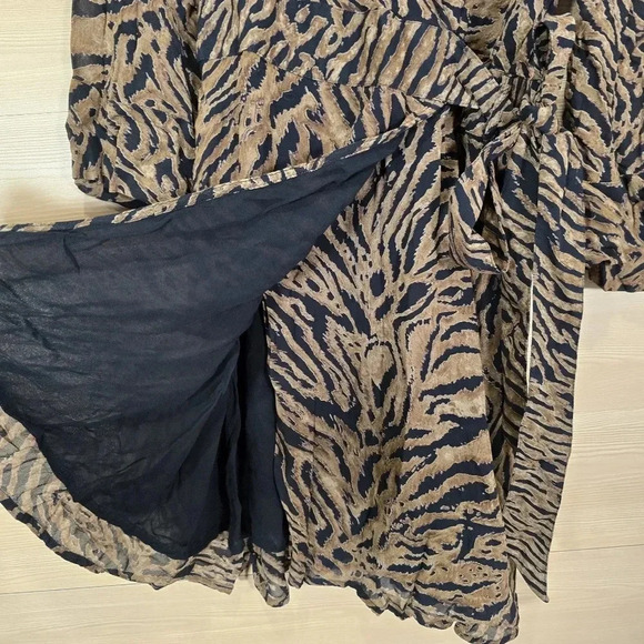 GANNI Tiger Print Mini Georgette Brown Long Sleeve Wrap Dress Size 38 (US M/8) - Picture 9 of 14
